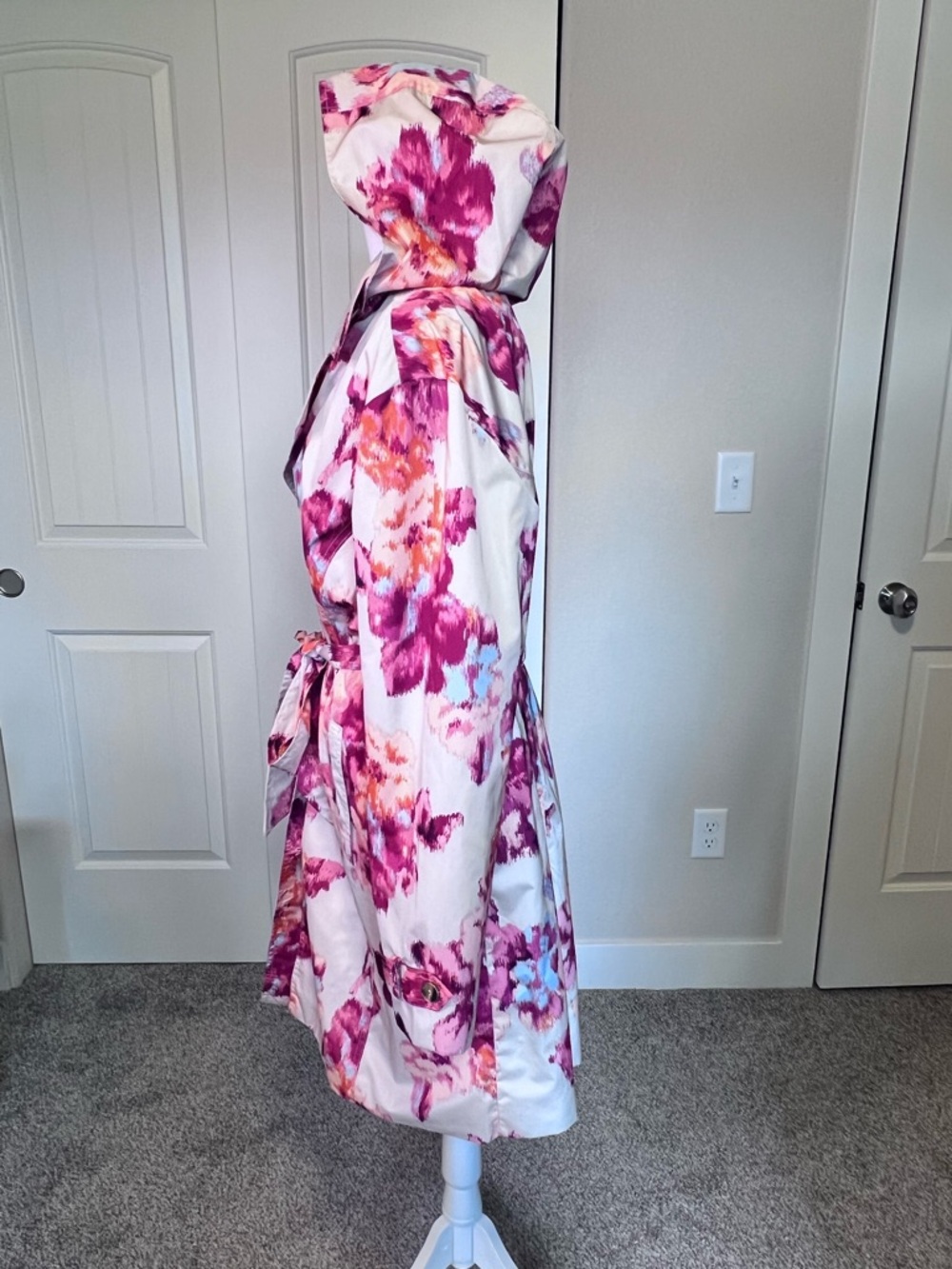 Chico's Ikat Floral Belted Removable Hood Rain Trench Coat Sz 3   16/18 - Picture 7 of 13
